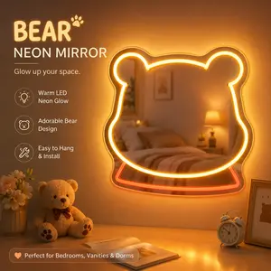 Cute Winnie Bear Neon Mirror LED Bear Shape Mirror with Light, Wall Mounted Vanity Mirror Lamp for Bedroom, Soft Glow Night Light Decor for Kids Room Nursery, Gift for Birthday Christmas