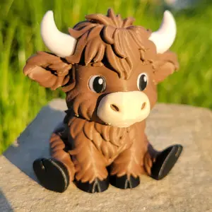 Cute Highlander Cow Desk Pal Figure 3 Inches Tall 2.5 Inches Wide Made from Hard PLA Material Adorable Design Figurine Decor Standing Ornament