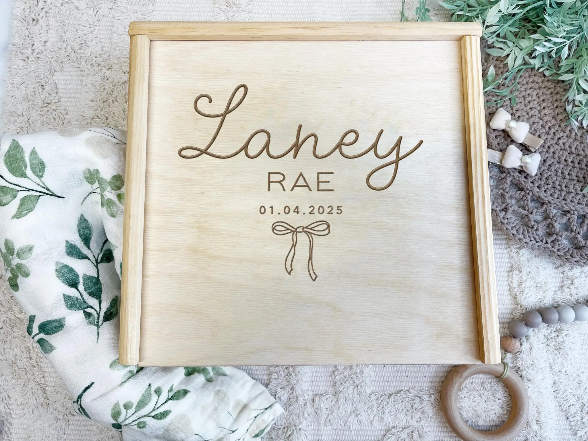 Baby Girl Personalized Keepsake Box with Bow, Custom Newborn Engraved Memory Gift Box