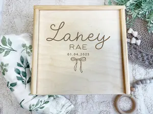 Baby Girl Personalized Keepsake Box with Bow, Custom Newborn Engraved Memory Gift Box