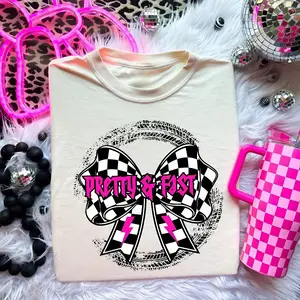Pretty & Fast Racing Bow T-Shirt, Cute Checkered Lightning Bolt Shirt, Y2K Aesthetic Streetwear Shirt, Trendy Mom Outfit, Family Matching Outfit, Gift for Boys Girls, Trending Holiday Shirt, Youth Clothing