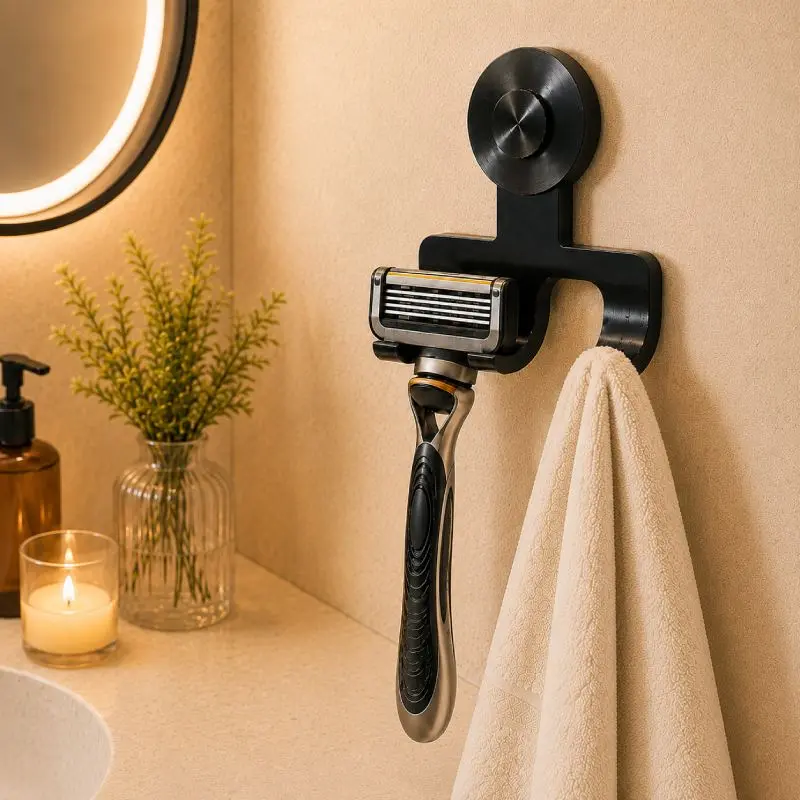Suction-Cup Shower Razor Holder, Drill-Free Reusable Wall Mount Hook, Strong Suction Bathroom Organizer for Shavers & Grooming Tools