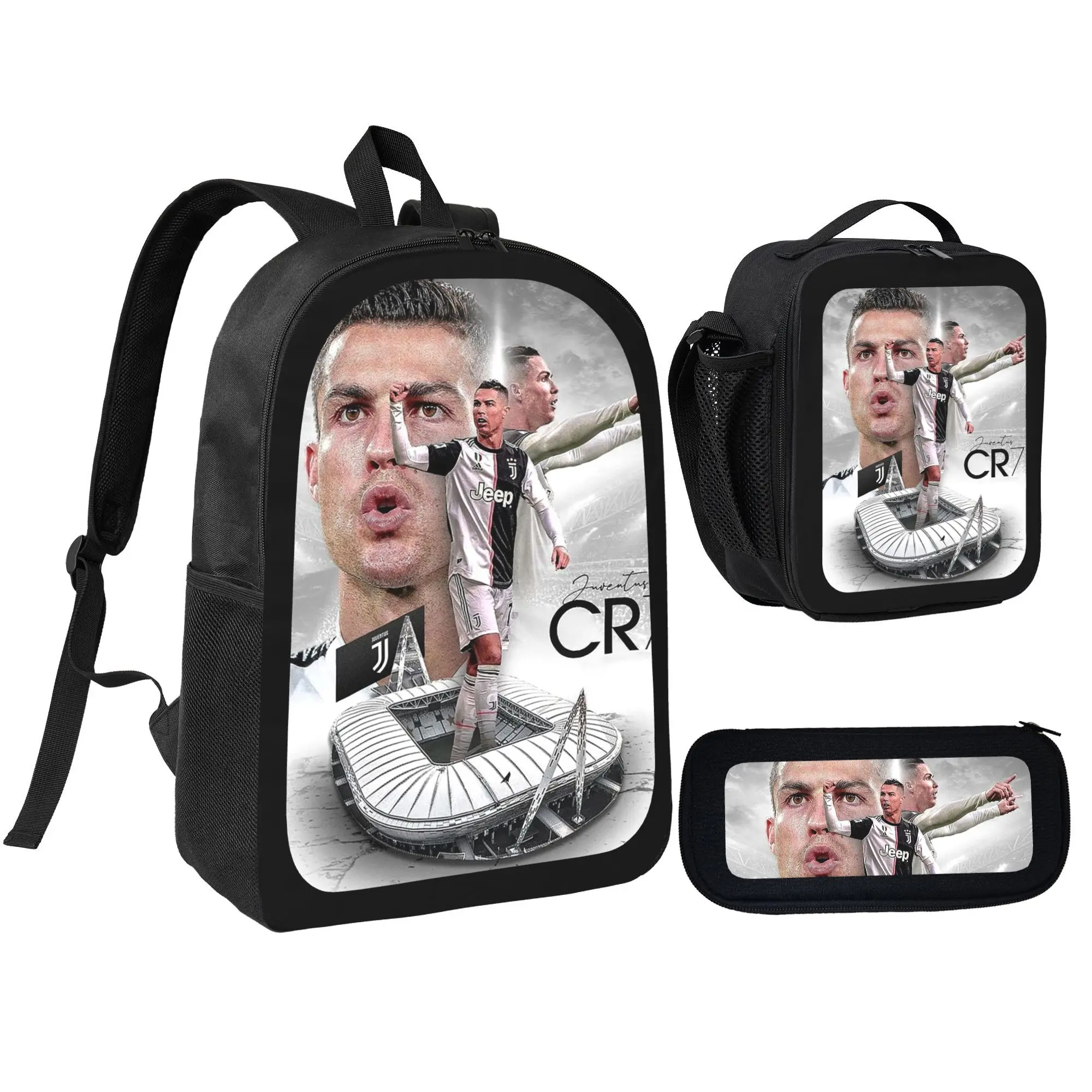 Aesthetic CR7 Ronaldo Daypack Set, 3PCS Student Backpack Kit with Insulated Lunch Tote Bag and Pencil Bag, Breathable Lightweight Oxford Bookbag for Boys Teens Football Lovers