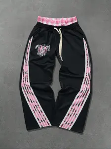 Men's side-striped drawstring waist loose wide-leg sweatpants, street style casual patterned sweatpants, suitable for all seasons, Sports Casual Pants