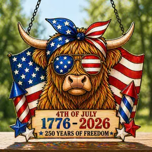 4th of July Highland Cow Suncatcher Acrylic , Patriotic Farmhouse Decor, USA 250th Anniversary 1776-2026 Home Decor, Gift for Cow Lover, Independence Day Decor
