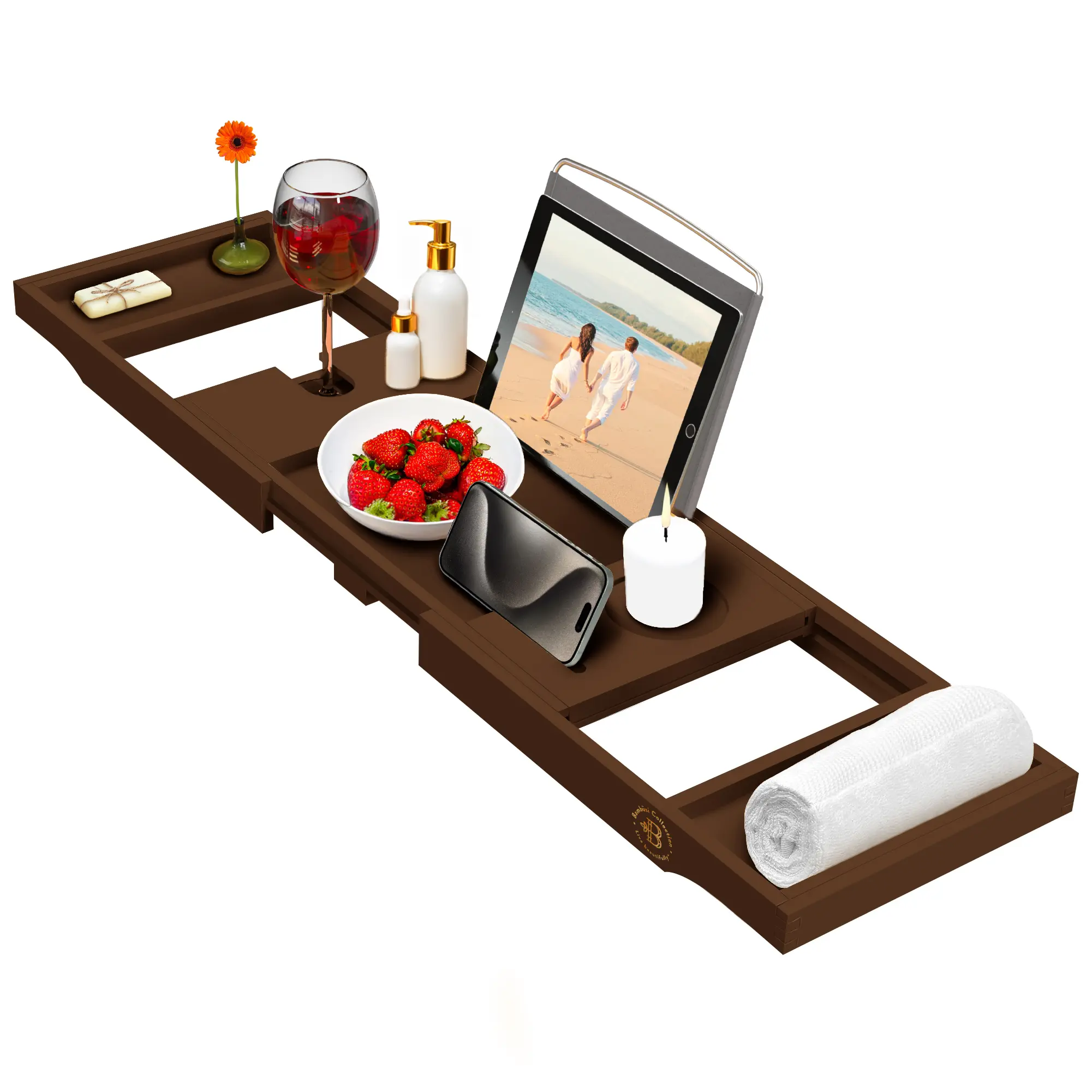 Bambüsi Bathtub Tray Caddy – Adjustable 29.5"–42.9" Bamboo Luxury Spa Bath Caddy for Wine, Tablets & Candles, Fits Most Tubs, Valentine's Day Gift
