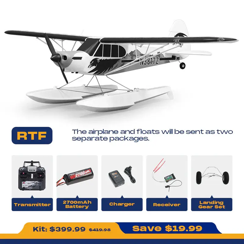 FMS RC Plane 1700mm PA-18 Super Cub V2 Bush Plane RTF Flight Kit with Floats, FMS Hobby, Includes Cells, Flaps Boost Lift, Model Plane