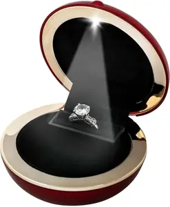 Novel Box Red Ring Box with LED Light for Jewelry Gift 3x3x1.12 Inches - Slim Rings Boxes for Proposal & Engagement - Round Ring Box for Luxury Wedding & Anniversary