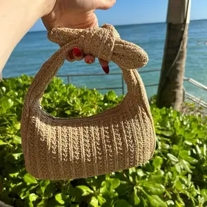 Mini Straw Boho Handle Bag - Beige Knitted Style Handbag with Unique Handle Design