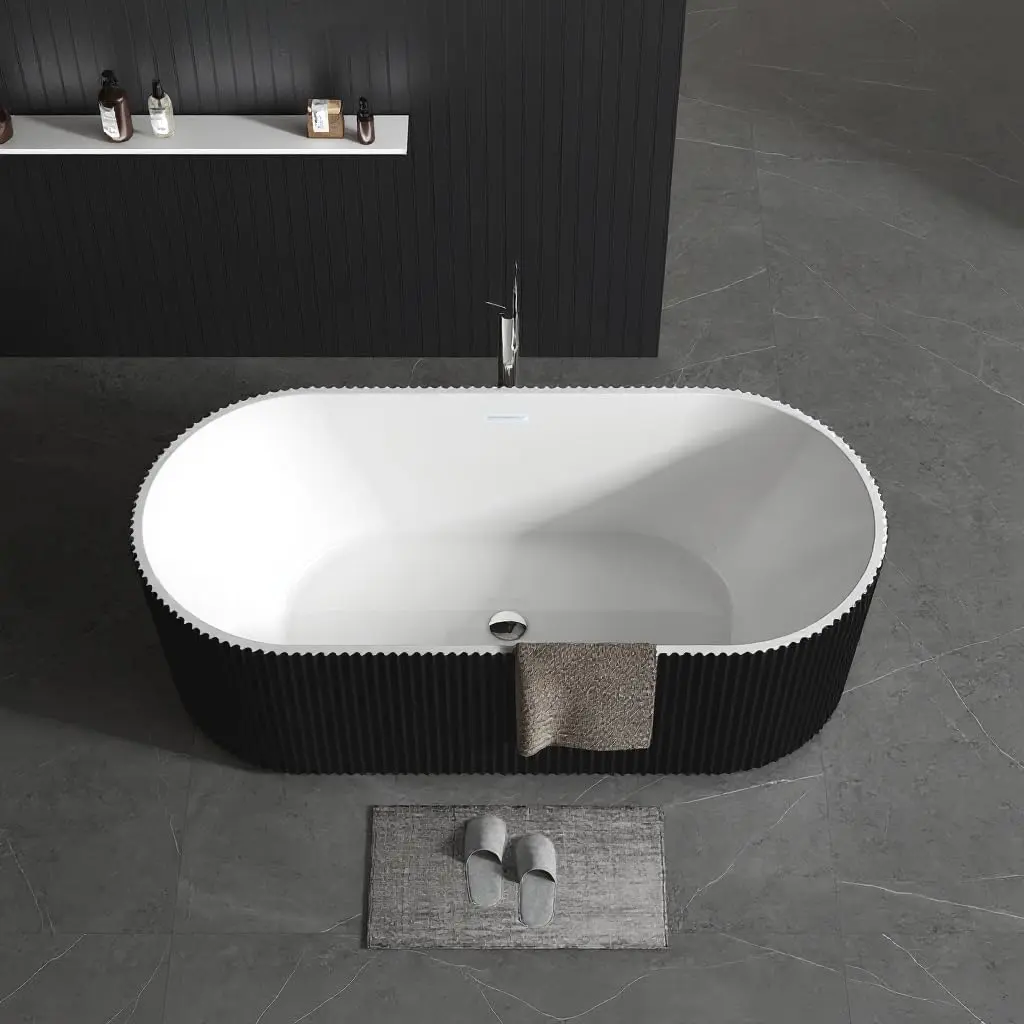 Freestanding Plain Acrylic Soaking Bathtub - Glossy White, Deep Stripe Ergonomic Lumbar Support Design for Home Spa Relaxation, Non-Slip, Chrome Pop-Up Drain & Overflow, cUPC Certified