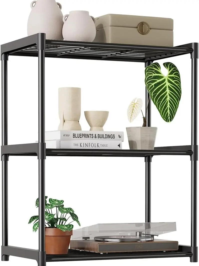 3-Tier Storage Shelves with Plastic Connectors – Metal Shelf Organizer for Pantry, Closet & Bathroom, Space-Saving Sturdy Shelving Unit Rack, Black, 17.3" x 12.8" x 28.9"