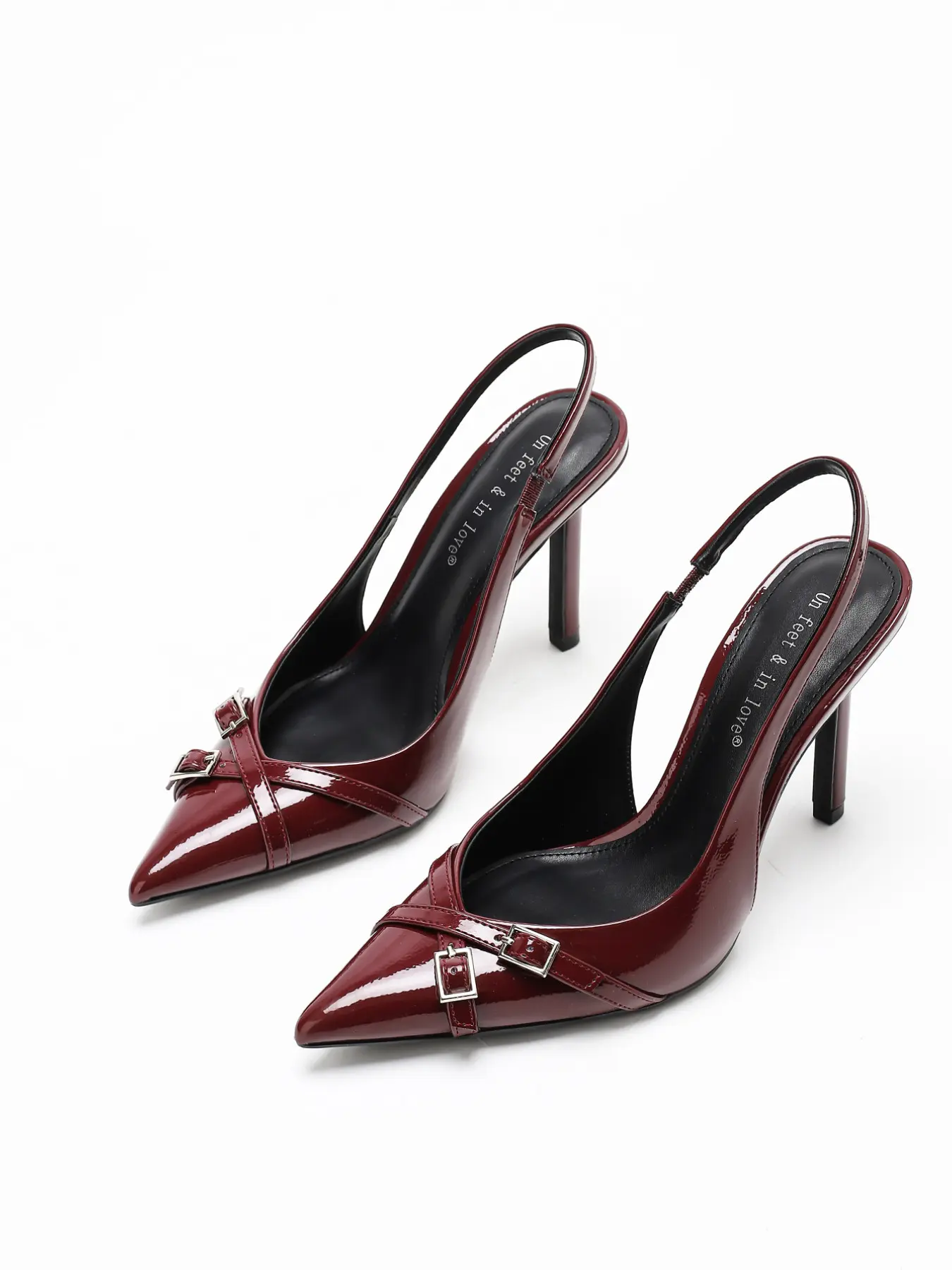 Black & Burgundy Patent Slingback Heels | Double Buckle Pointed Toe Stilettos | Cool Chic Party Pumps | Women's Pointed Toe Heeled Sandals | Crisscross Metal Buckle Pointed Toe Heeled Sandals | Elegant Minimalist Sandals | Stylish Footwear
