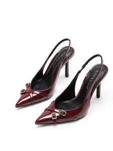 Black & Burgundy Patent Slingback Heels | Double Buckle Pointed Toe Stilettos | Cool Chic Party Pumps | Women's Pointed Toe Heeled Sandals | Crisscross Metal Buckle Pointed Toe Heeled Sandals | Elegant Minimalist Sandals | Stylish Footwear