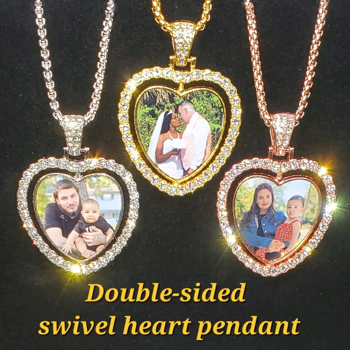 Custom Double Sided Swivel Heart Photo picture pendant necklace with free chain in Gold/Silver/Pink - 20.5 inch chain rhinestone bling day gift valent