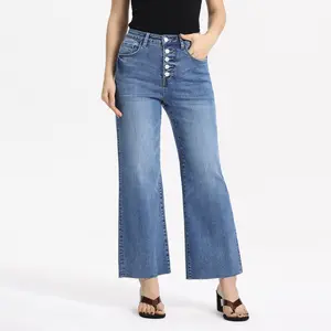 Women’s Vintage Button-Fly Wide Leg Cropped Jeans, High Rise Raw Hem Light Wash Denim, Casual Streetwear