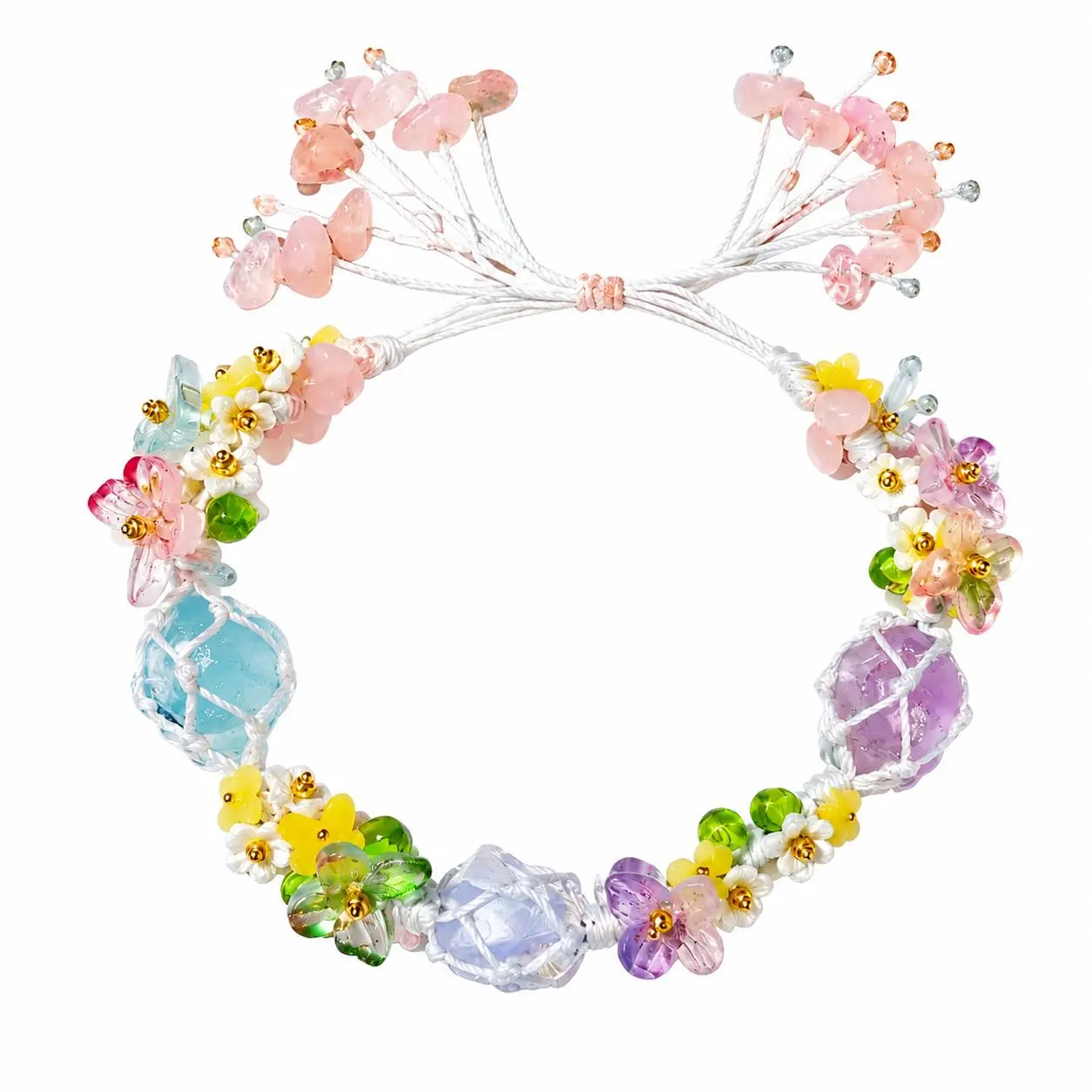 Handmade Blue Crystal Floral Bracelet - Unisex Natural Stone Jewelry, Unique Stress Relief Accessory, Meaningful Father’s Day & Anniversary Gift for Adults, Emotional Balance, Colored Gemstone Bracelets & Bangles, Unique Design
