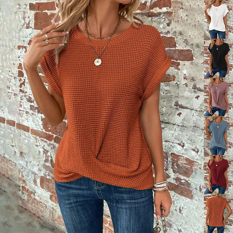 Women's Waffle Knit T-Shirt, Casual Solid Color Shortsleeve Basic Polyester Top for Summer Wear, Waffle Fabric Women's T-Shirts, Tshirt, Lady, Regular Length, Plain Women's T-Shirts