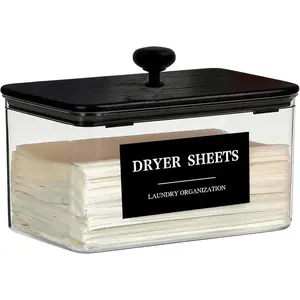 Dryer Sheet Holder Black Lid, Laundry Dryer Sheet Container Clear Detergent Pods Dispenser with Labels, Laundry Detergent Sheets Holder for Laundry Room Decor and Accessories