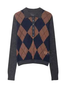 Women's Diamond Plaid Button Front Long Sleeve Knit Sweater, Slim Fit Pullover, Stylish Fall & Winter Fashion, Comfortable and Warm, Knitwear, Knitted