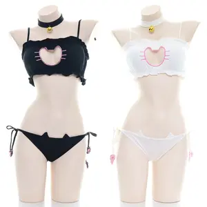 Kawaii Anime Cosplay Lingerie Set Cute Cat Girl Outfit Available in Black & White (Includes Necklace)