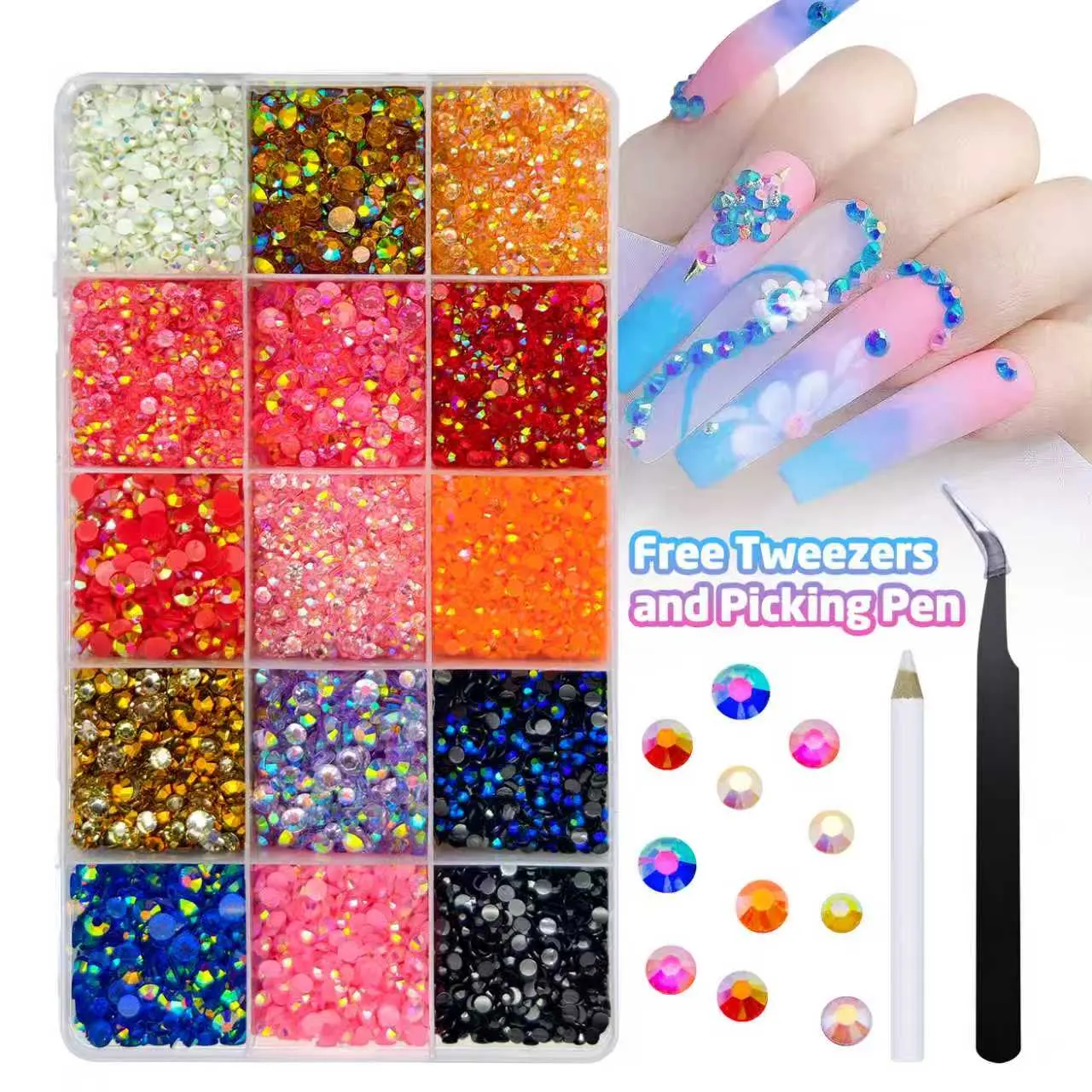 Nail Charms Nail Art Rhinestones for Bedazzling 15colors 3D Nail Gems Colorful Resin Flatback Rhinestones for Nails, Multi Shape Pearls Jewels for Nail Art Crafting Makeup Crafts Book Shoes Free Pickup Pencil and Tweezer