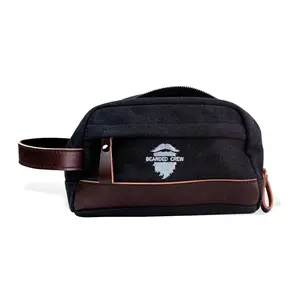 Premium Canvas Travel Bag - Black with Soft Leather Trim - One Side Pocket & Spacious Inner Compartment - Casual Style - 12x23x13cm - Bearded Crew