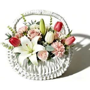 White Wicker Rattan Flower Girl Basket Wedding Flower Basket Cute Rattan Wicker Basket Wicker Storage Basket Decorative Baskets for Home Decor