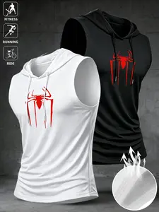 Men's Summer Sleeveless Hooded Tank Top, Spider Pattern, Comfortable Breathable, Two-Piece Set, Outdoor Sports and Fitness