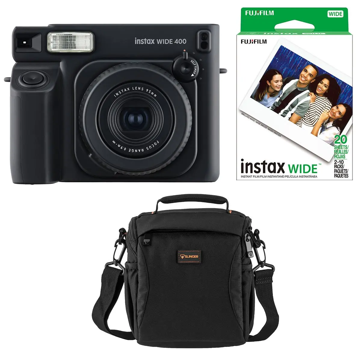 Fujifilm Instax Wide 400 Instant Film Camera, Jet Black, Bundle with Instant Color Print Film, 20-Pack and Shoulder Bag