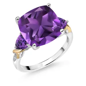 Gem Stone King 7.21 Cttw Purple Amethyst and Diamond Ring For Women | 925 Silver and 10K Yellow Gold | 12MM Cushion and 5MM Trillion | Gemstone Birthstone
