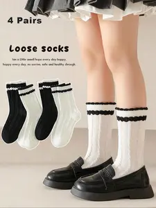 4 Pairs Kids Fall Winter Lace Ankle Socks, Stylish Outerwear Socks for Loafers, Lolita Ruffle Socks, School Style, Ages 3-12