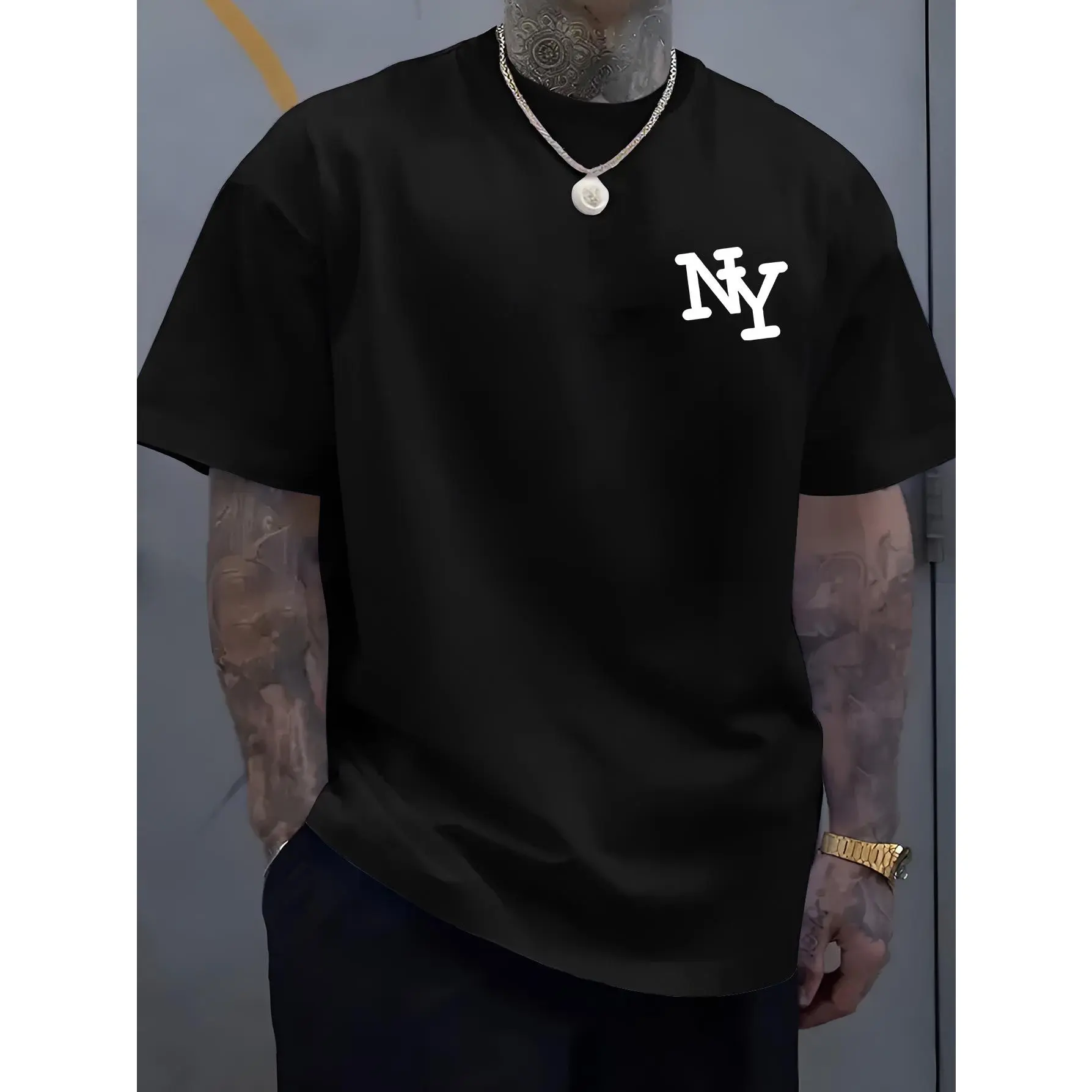 Men's & Women's Oversized Fit T-Shirt - NY Logo Print Short Sleeve Summer Tee, Breathable White Round Neck Casual Shirt with Black NY Lettering, Machine Washable for Outdoor, Sports & Casual Attire (Unisex), Mens Shirts, Mens Clothes, Mens Tshirt, T Shirt