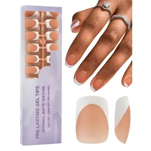 150PCS French Mocha Brown & White Coffin Press-On Nails – Short Square Gel Tips, 15 Sizes for DIY Nail Art!