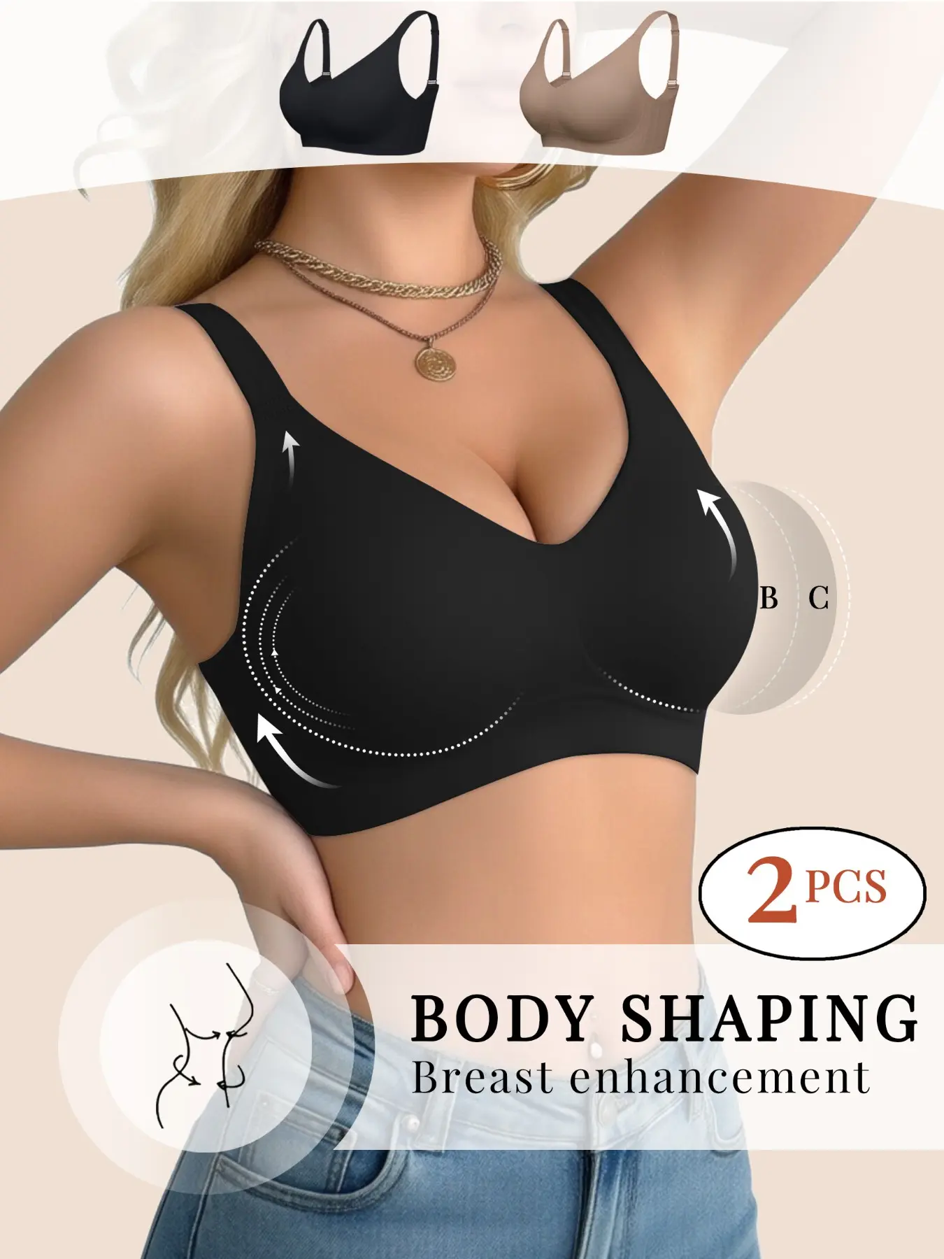 2 Pack Wire-Free Jelly Strip Shaping Bra, Full Coverage Hide Underarm Fat And Shape Back, Natural Lift Enhance Bust Shape, Invisible No Show Under Clothes, Perfect For All Outfits