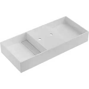47 in. Wall-Mount or Countertop Bathroom Sink Double Bowls with Hidden Drains in Matte White