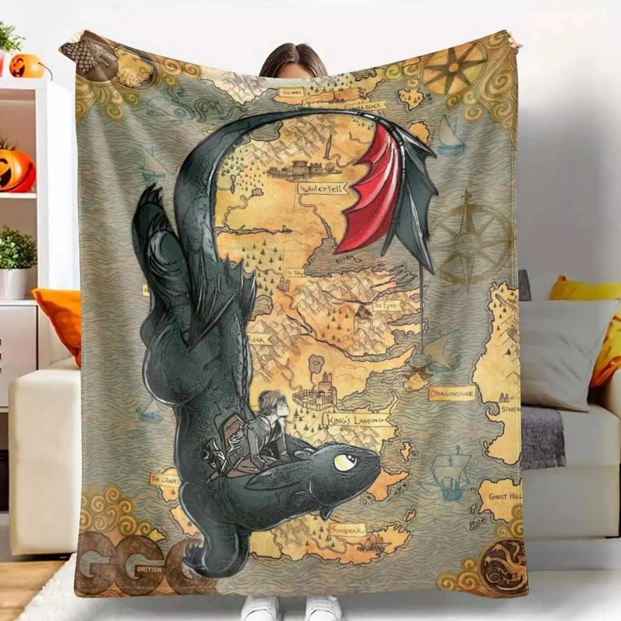 Cute Toothless Dragon Fleece Throw Blanket, Vintage Old Map Full‑Print Soft Micro Fleece Blanket for Bedroom Living Room Camping, Fantasy Animation Home Decor Blanket