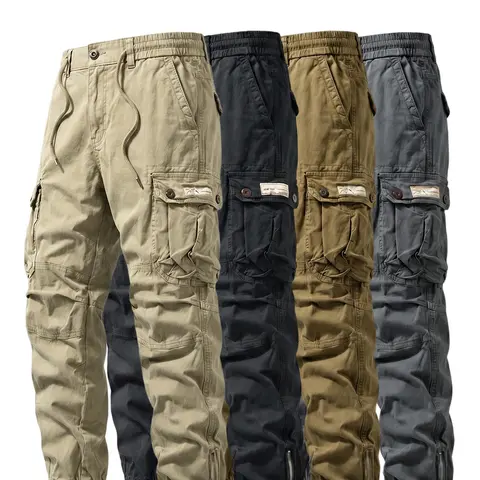 Men’s tactical cargo pants, 100% cotton with multiple pockets; durable work pants for outdoor tasks and hiking; adjustable waistband design suitable for spring and autumn; long hiking pants with a tactical design.