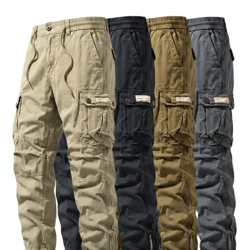 Men’s tactical cargo pants, 100% cotton with multiple pockets; durable work pants for outdoor tasks and hiking; adjustable waistband design suitable for spring and autumn; long hiking pants with a tactical design.