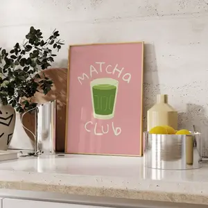 Cute Matcha Pink Kitchen Decor Matcha Wall Art Coffee Bar Decor Trendy Matcha Poster Green Tea Art