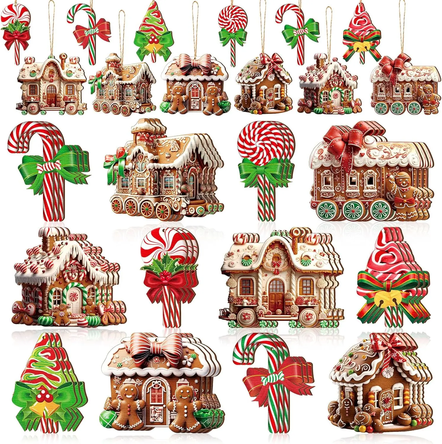 36 Pcs Christmas Gingerbread House Ornament Set Wood Christmas Tree Ornaments Lollipop Flat Train Donut Cake Hanging Decorations Peppermint Ornaments for Xmas Tree Party Supplies