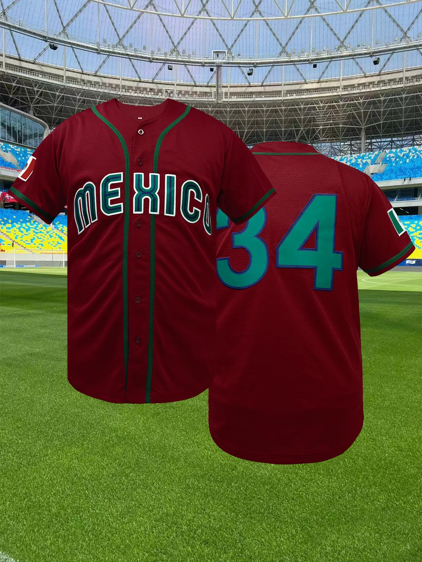 Mexico #34 Embroidered Baseball Jersey, Baseball Shirt, V-Neck Loose Fit Baseball Uniform, Breathable Button-Up Sportswear, Embroidery Sportswear, Sports Tops, Athletic Tops, Perfect for Outdoor Sports & Training, Unisex, All Seasons