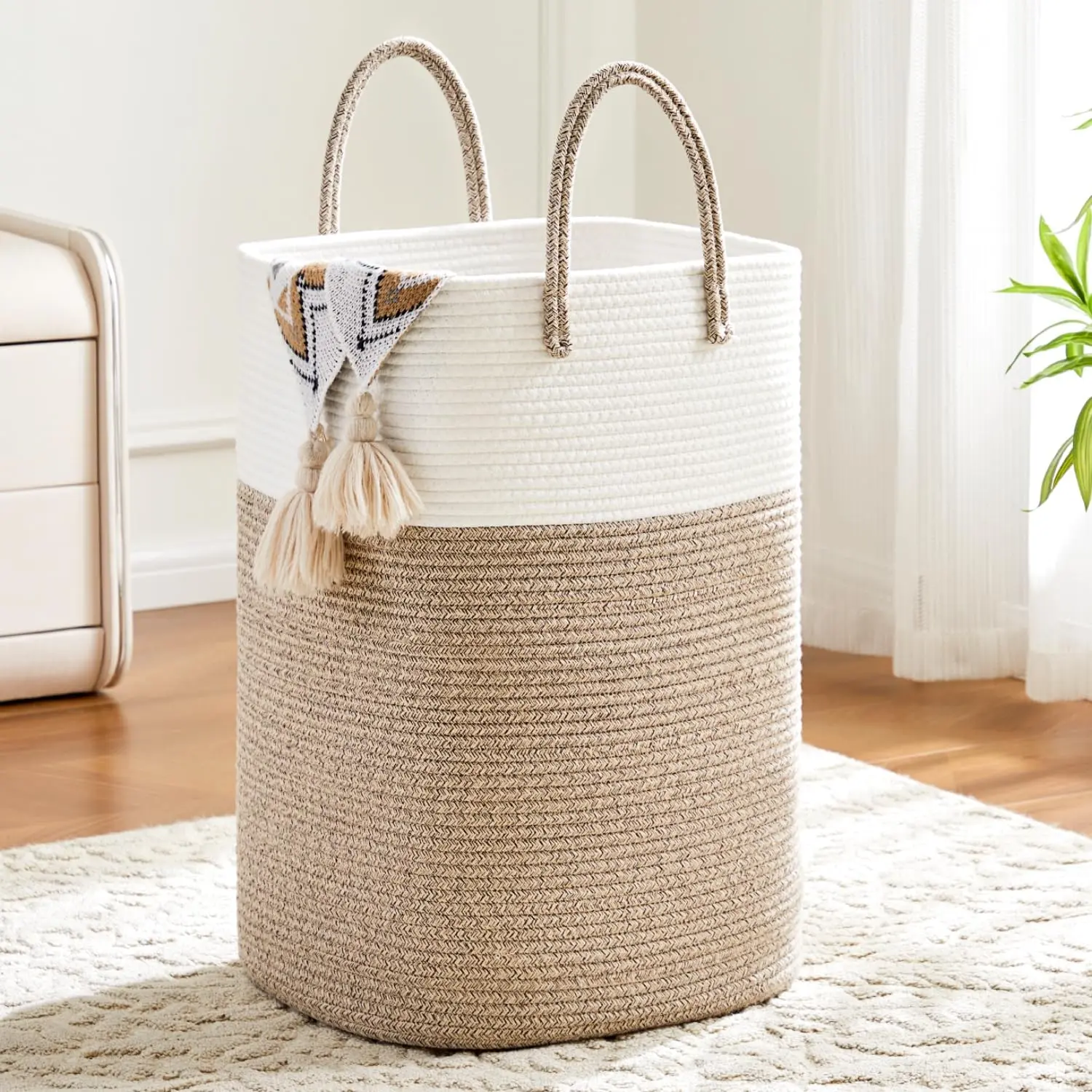 Round Eco-Friendly Classic Woven Cotton Rope Collapsible Laundry Hamper - 40-100L Laundry Basket, House Organizer, Home Supplies Storage Basket with Room Decor Functionality for Baby Toys, Bathroom, Laundry Baskets