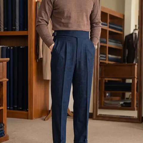 Men's Beige Retro Herringbone Tweed Wool-Polyester Blend Formal Workwear Dress Pants - Basic, Ankle-Length, Side-Buttons, Woollike Drape, Comfy Structured, All-Seasons, Menswear, Formal Wear, Secure Zip+Button, Corporate Men's Pants