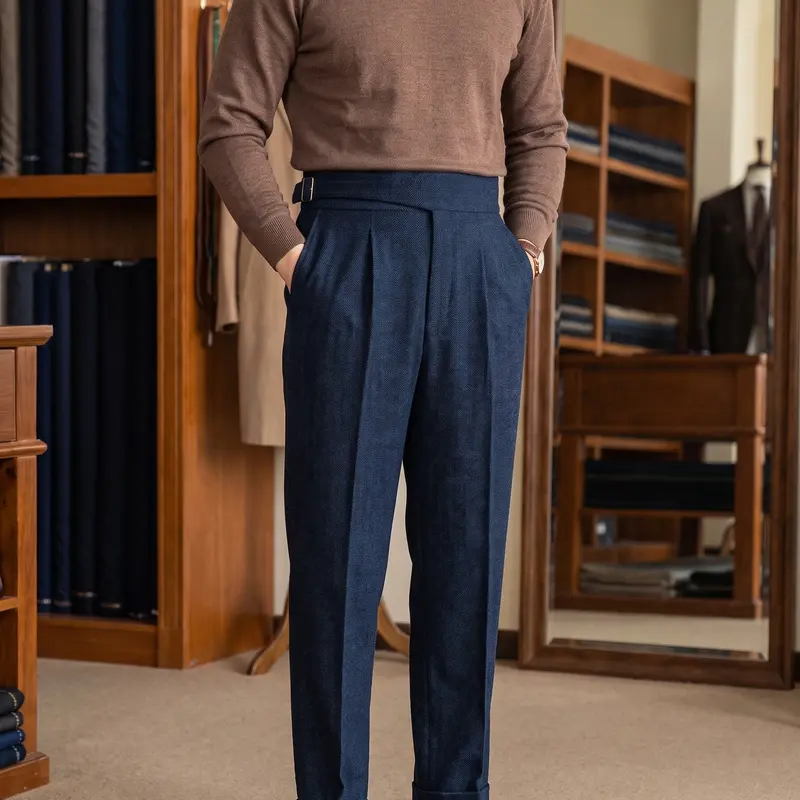 Men's Beige Retro Herringbone Tweed Wool-Polyester Blend Formal Workwear Dress Pants - Basic, Ankle-Length, Side-Buttons, Woollike Drape, Comfy Structured, All-Seasons, Menswear, Formal Wear, Secure Zip+Button, Corporate Men's Pants