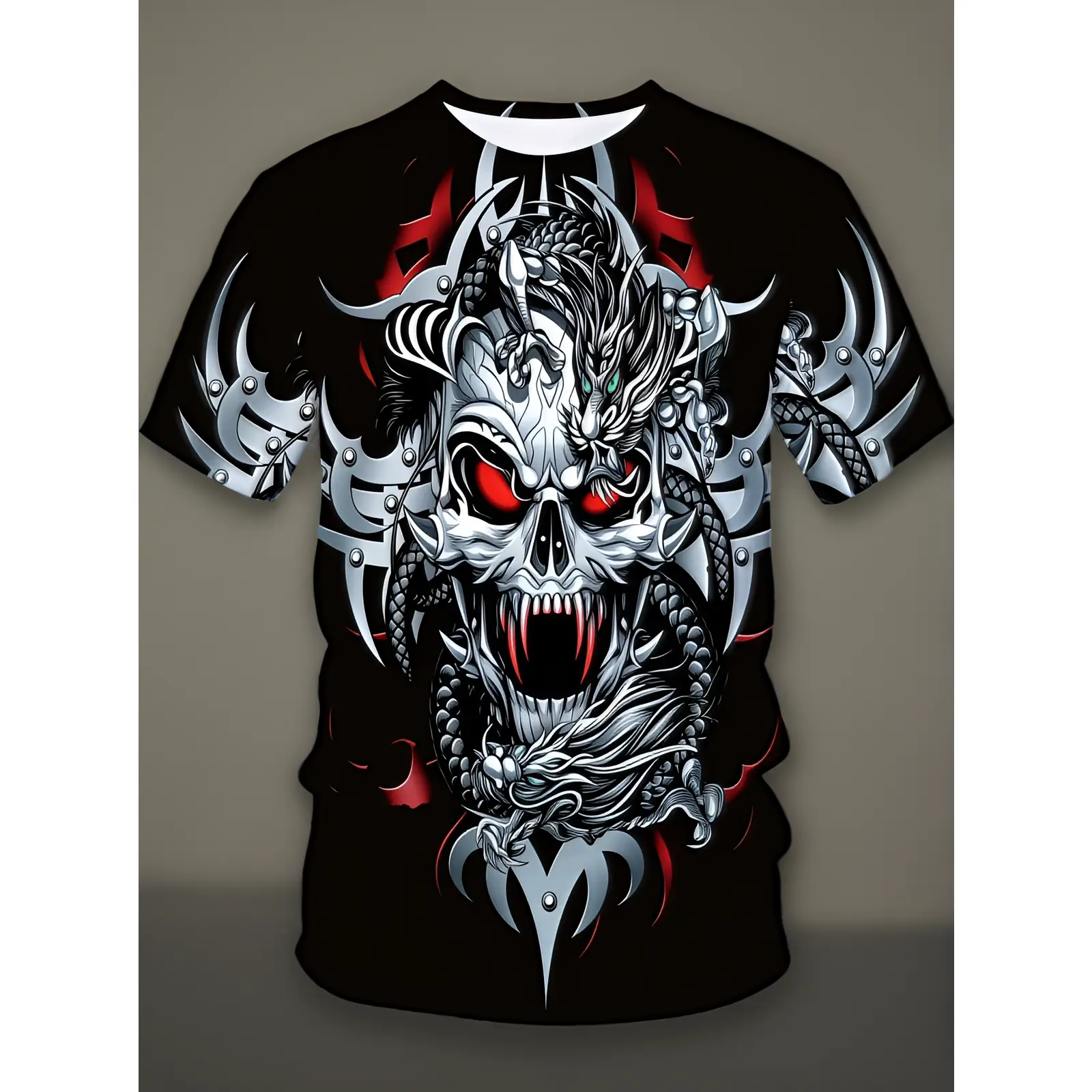 Men'S Short Sleeve T-Shirt Black Dragon Skull Red Eyed Metal Detail Print Casual Street Style Top Daily Wear Going Out Plus Size