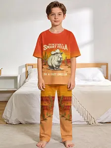 Western Cowboy Capybara Funny 2-Piece Boys' Digital Print Short-Sleeve Pajamas with Long Pants, Flame-Retardant Fabric. A fashionable, trendy, casual, comfortable and soft pajama set, suitable for sleeping and home leisure. Made of 100% polyester, ideal f