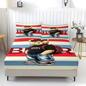 Stylish bear pattern printed bedspread, including 1 bed sheet and 2 pillowcases, with anti-slip dust cover suitable for bedrooms and guest rooms, perfect for personal use or gifting