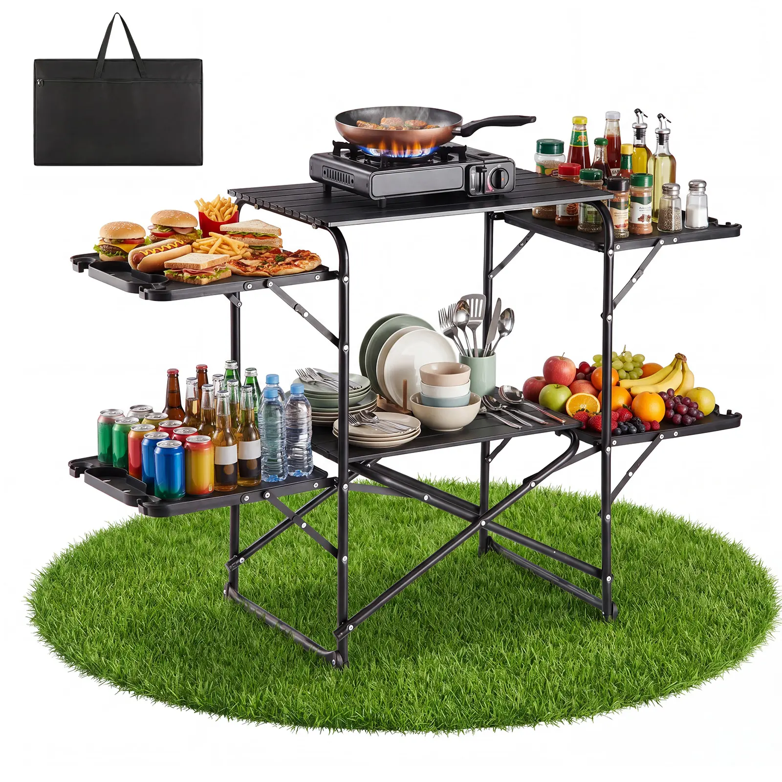 【SummerFinds】VEVOR Camping Kitchen Table, Slim-Fold Cook Station, Portable Folding Table, with 4 Side Tables, Heat Resistant Tabletop, and Carrying Bag, Ideal for Outdoor Picnics, BBQs, Camping, RV Traveling,home decor,camping essentials