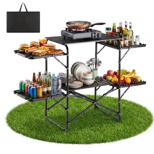 【SummerFinds】VEVOR Camping Kitchen Table, Slim-Fold Cook Station, Portable Folding Table, with 4 Side Tables, Heat Resistant Tabletop, and Carrying Bag, Ideal for Outdoor Picnics, BBQs, Camping, RV Traveling