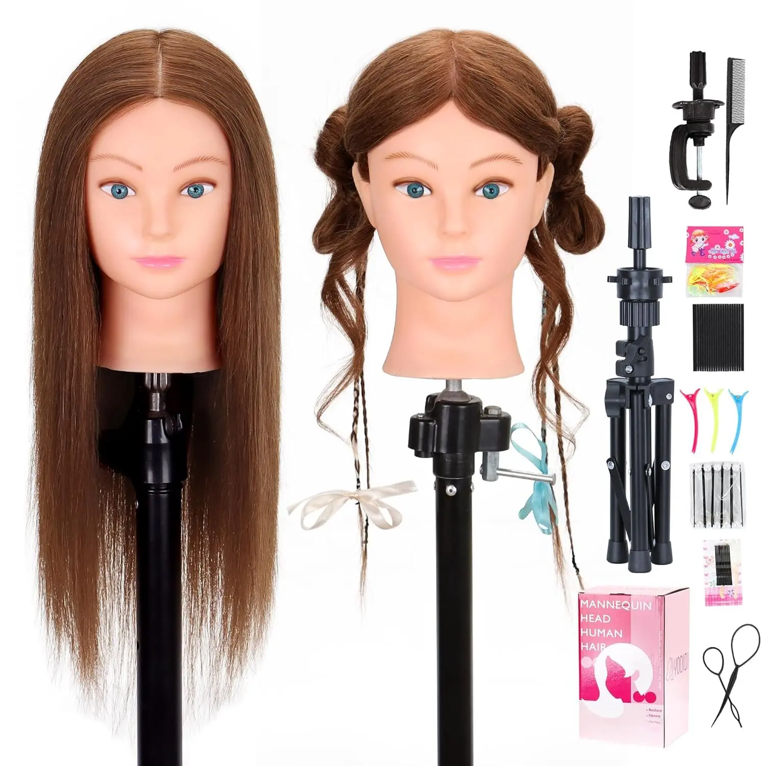 Mannequin  Human Hair with Tripod Stand 22"-24" Female  Human Hair Mannequin  Hair Styling  Manikin  Doll  for Hairdresser with Clamp Holder and Tools (#4 Set)